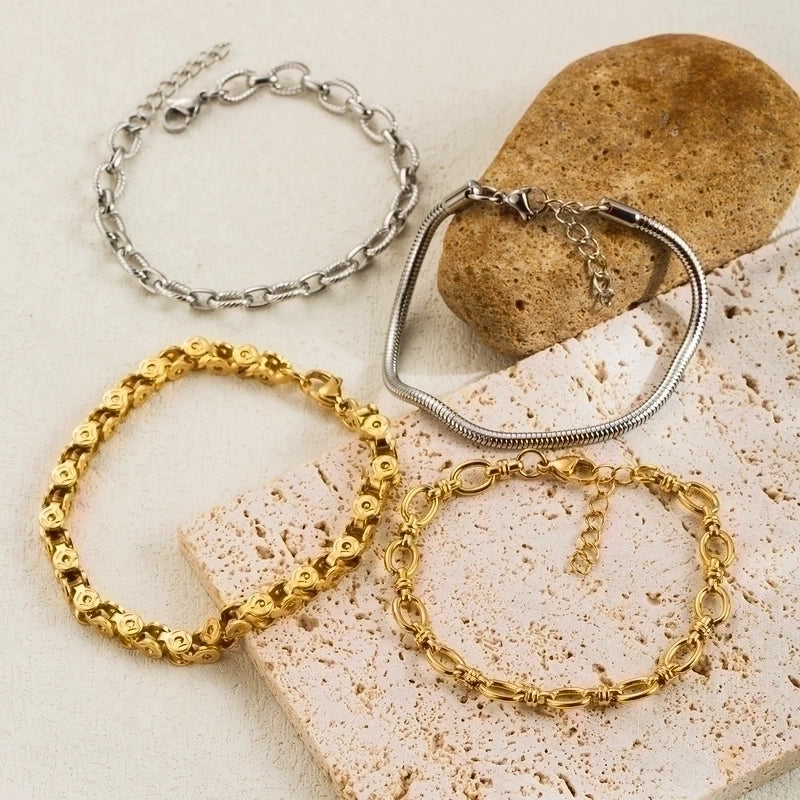 3 Pieces Minimalist Solid Color Stainless Steel Plating 18k Gold Plated Bracelets