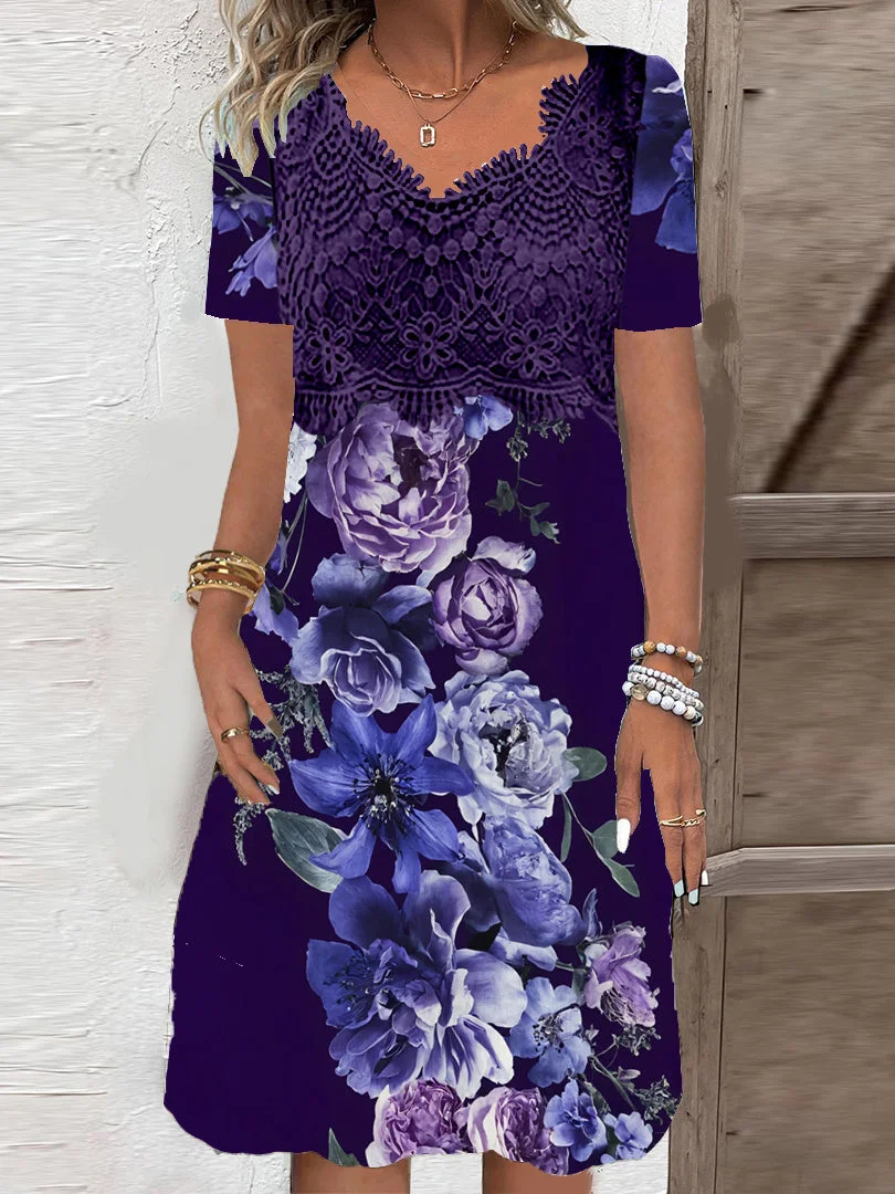 Women's Short Sleeve V-neck Floral Printed Lace Stitching Midi Dress