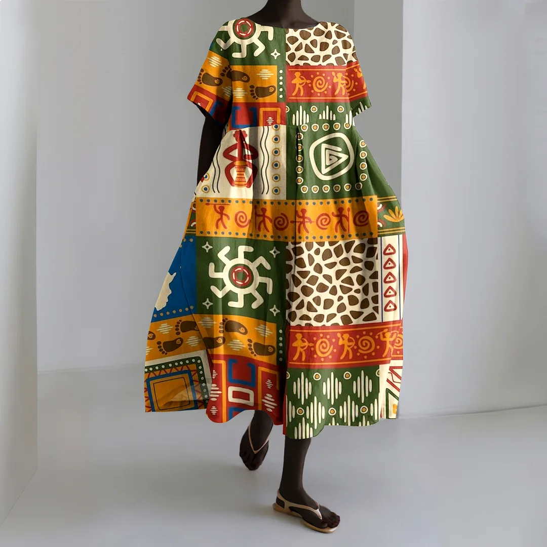 African Geometric Art Graphic Linen Blend Maxi Dress