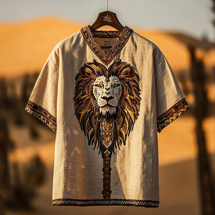 VChics Men's African Traditional Ethnic Lion Art Linen Blend T-shirt
