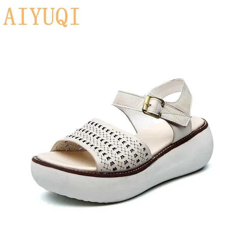 AIYUQI  Women sandals platform wedges shoes 2021 new sandals women genuine leather open toe retro hollow women's summer footwear