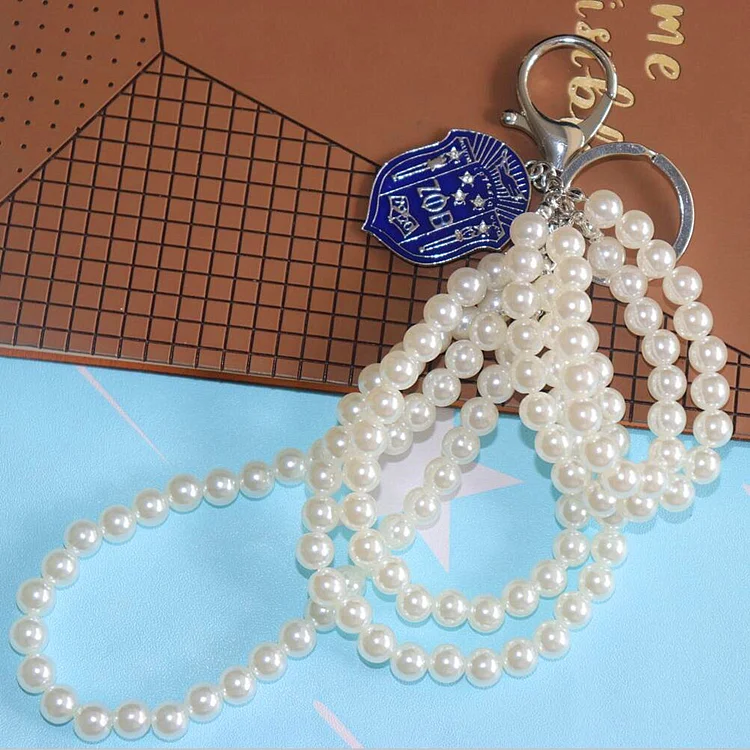 Women Bag Decorate Stylish Greek Letter Zeta Phi Beta Shield Pendant Layers Pearl Sorority Key Chain Key Rings