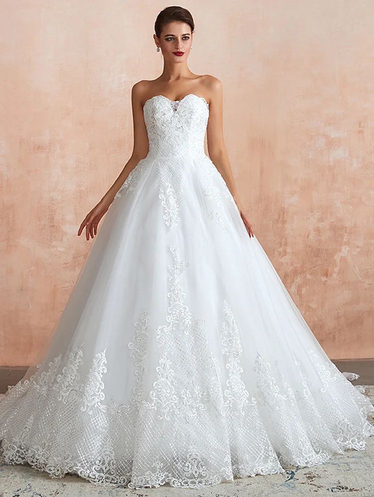 Lace Train Wedding Dress for Bride A line Applique Bride Dress Long Tulle Off Shoulder Strapless