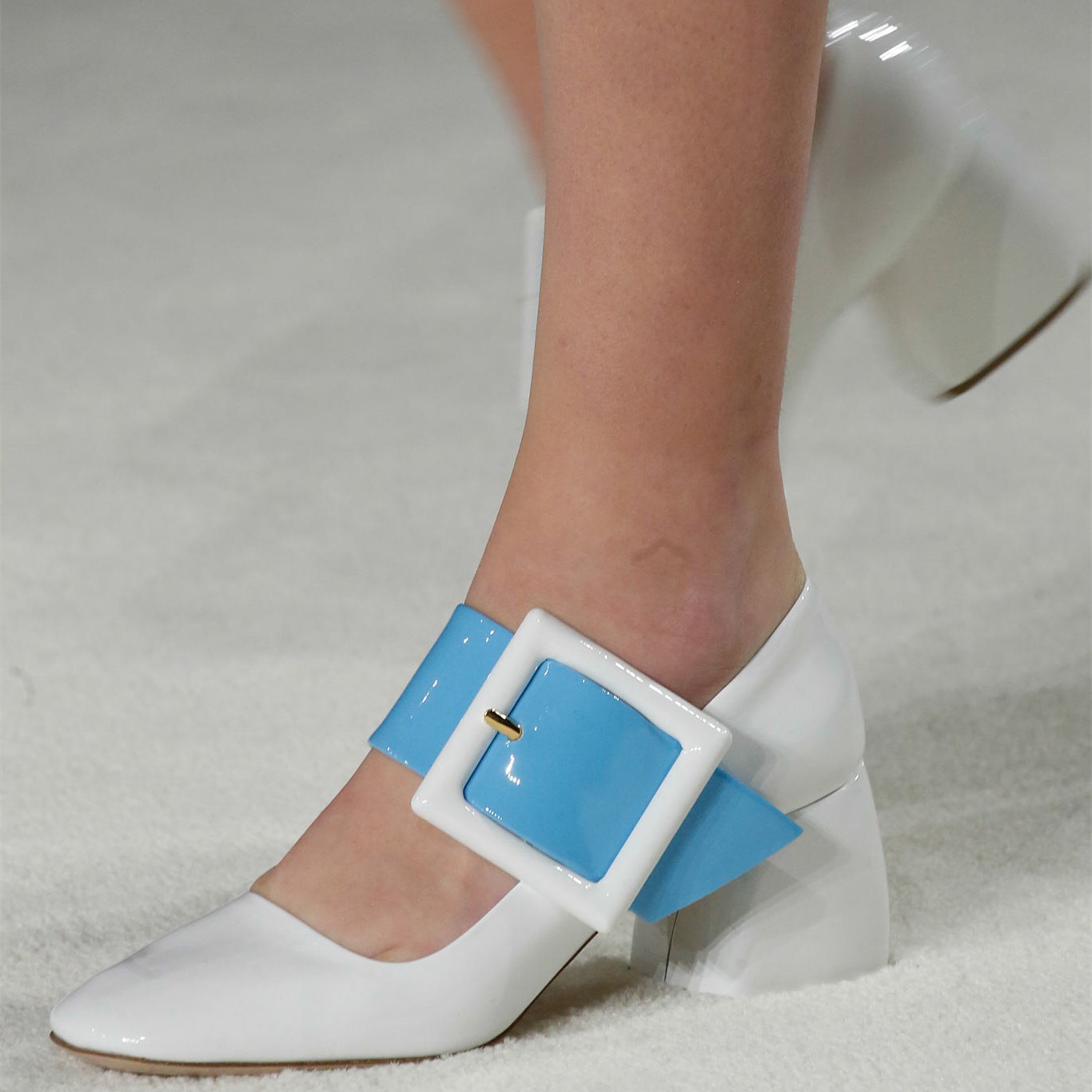 White Patent Leather Block Heel Mary Jane Pumps with Oversized Buckle