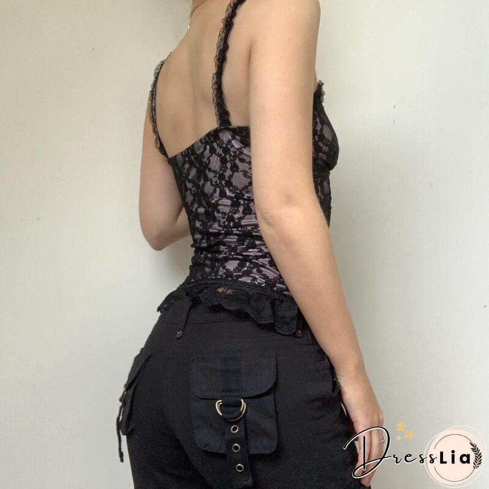 Grunge Fairy Core Crop Top Vintage Aesthetic Women V Neck Lace Camisole E Girl Tanks Punk Cyber Y2k Gothic Camis