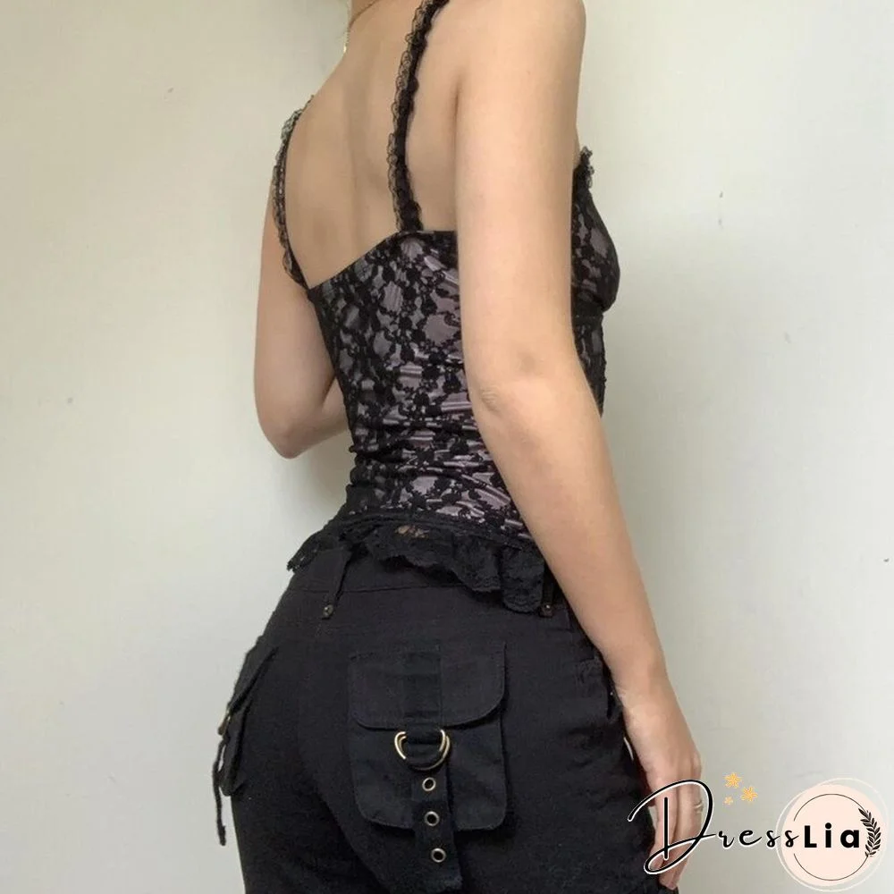 Grunge Fairy Core Crop Top Vintage Aesthetic Women V Neck Lace Camisole E Girl Tanks Punk Cyber Y2k Gothic Camis