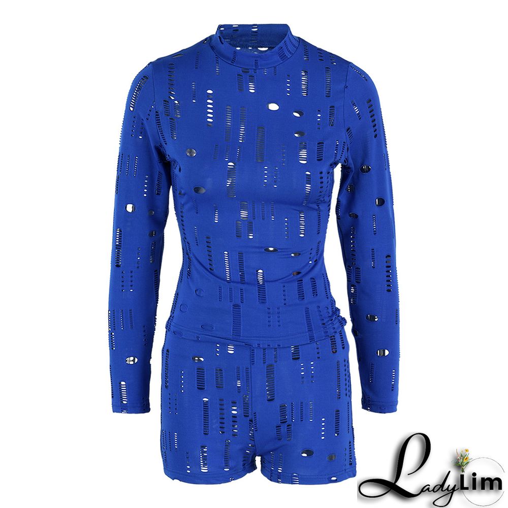 Black Fashion Sexy Solid Ripped Half A Turtleneck Long Sleeve Two Pieces