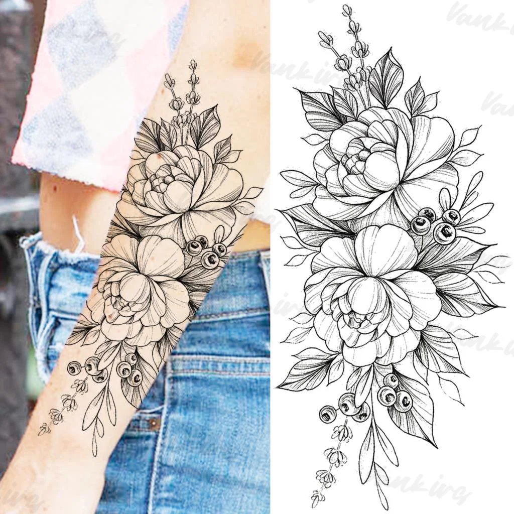 Sdrawing Peony Temporary Tattoos For Women Girls Realistic Anchor Butterfly Flower Fake Tattoo Sticker Sexy Body Arm Tatoos DIY