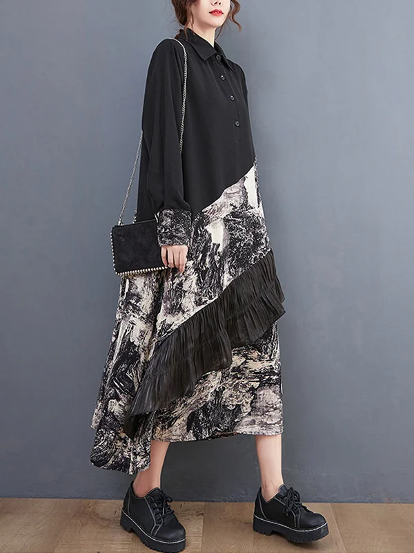 Loose Print Patchwork Shirt Midi Dress - yankia