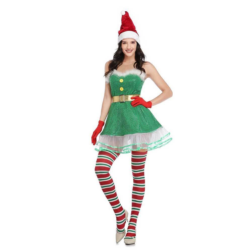 Adult Women Sexy Lace Christmas Green Elf Costume Cosplay Santa Helper Elf Fancy Dress