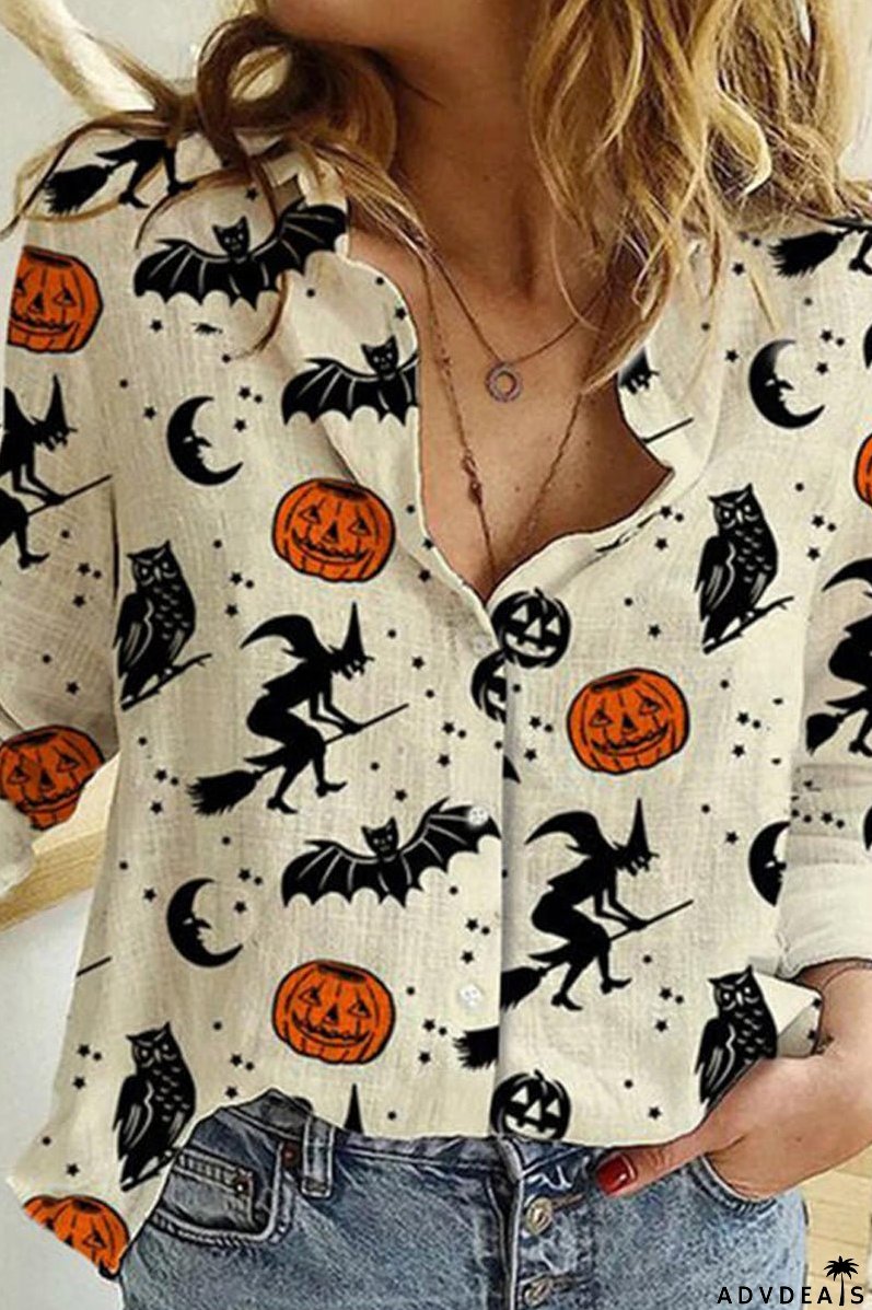 Print Lapel Long Sleeves Button Up Casual Halloween Shirt Blouses