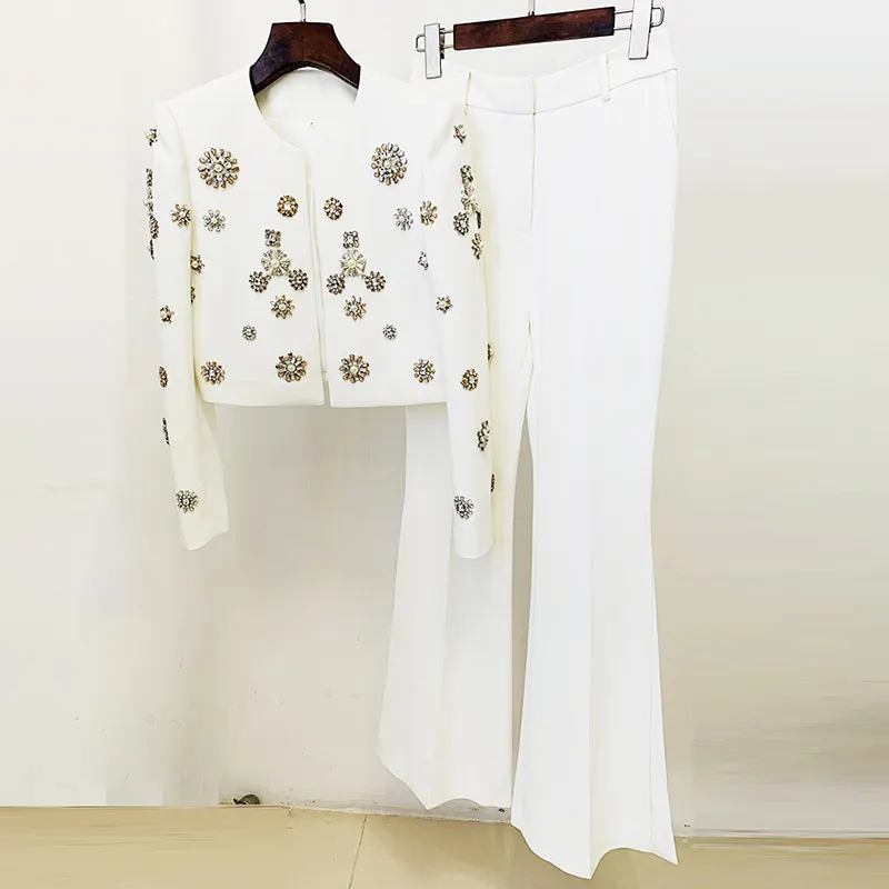 Nigikala Nigikala New Fashion Round Neck Heavy Industry Nail Beads Short Jacket Open Fork Horn Trousers Set