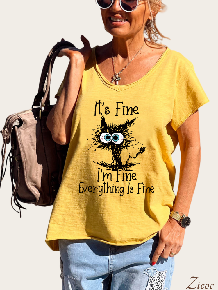It' Fine,I'am Fine Everything is Fine Women's Causal Loose Short Sleeve Top Spring Plus Size Shirt