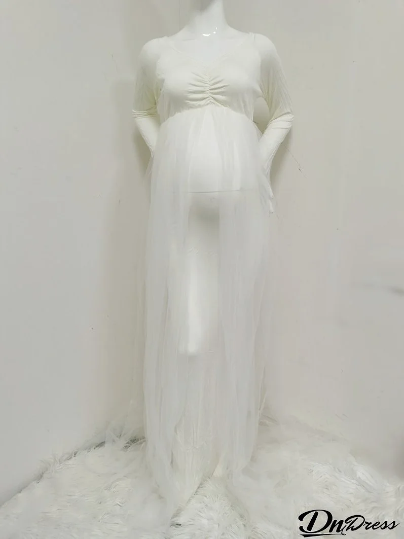 Solid long Sleeve Mesh Patchwork maternity long dress