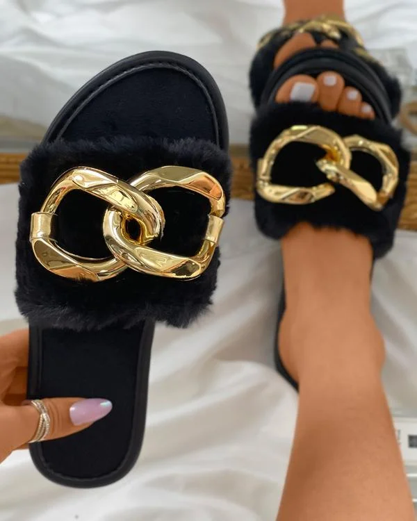Chain Decor Fluffy Slide Slippers