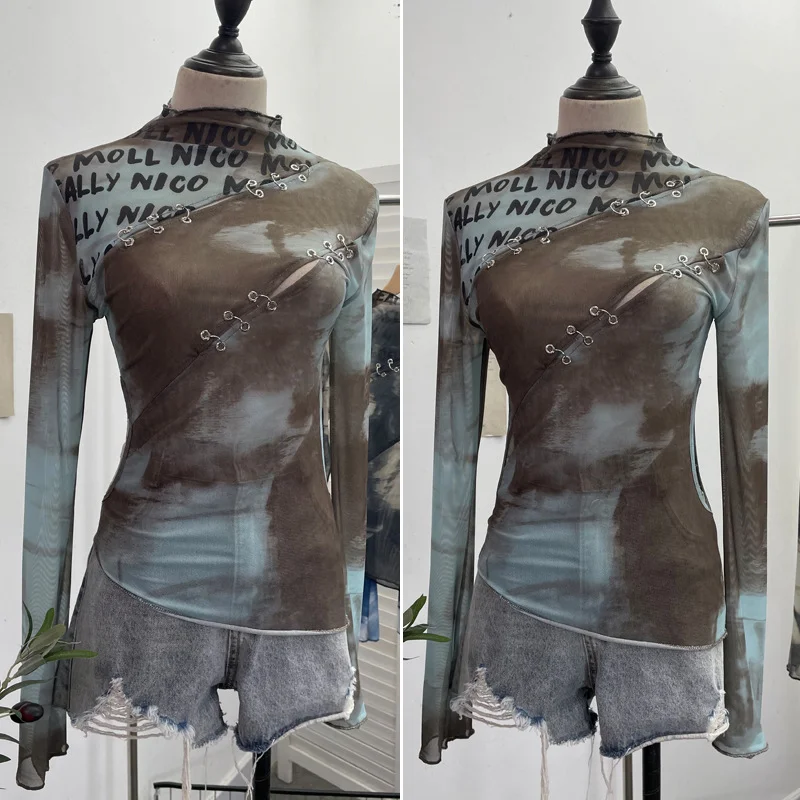 Uveng Pure Want To Play The Bottom Of The Long-Sleeved T-Shirt Design Hollow Print Irregular Mesh Yarn Personality Hottie Top 2629