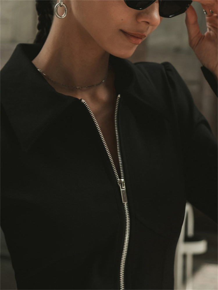 Ootddress Black Zipper Lapel Maxi Dress For Women Cardigan Fashion Patchwork Vintage Slim High Waist Elegant Streetwear Women Dress