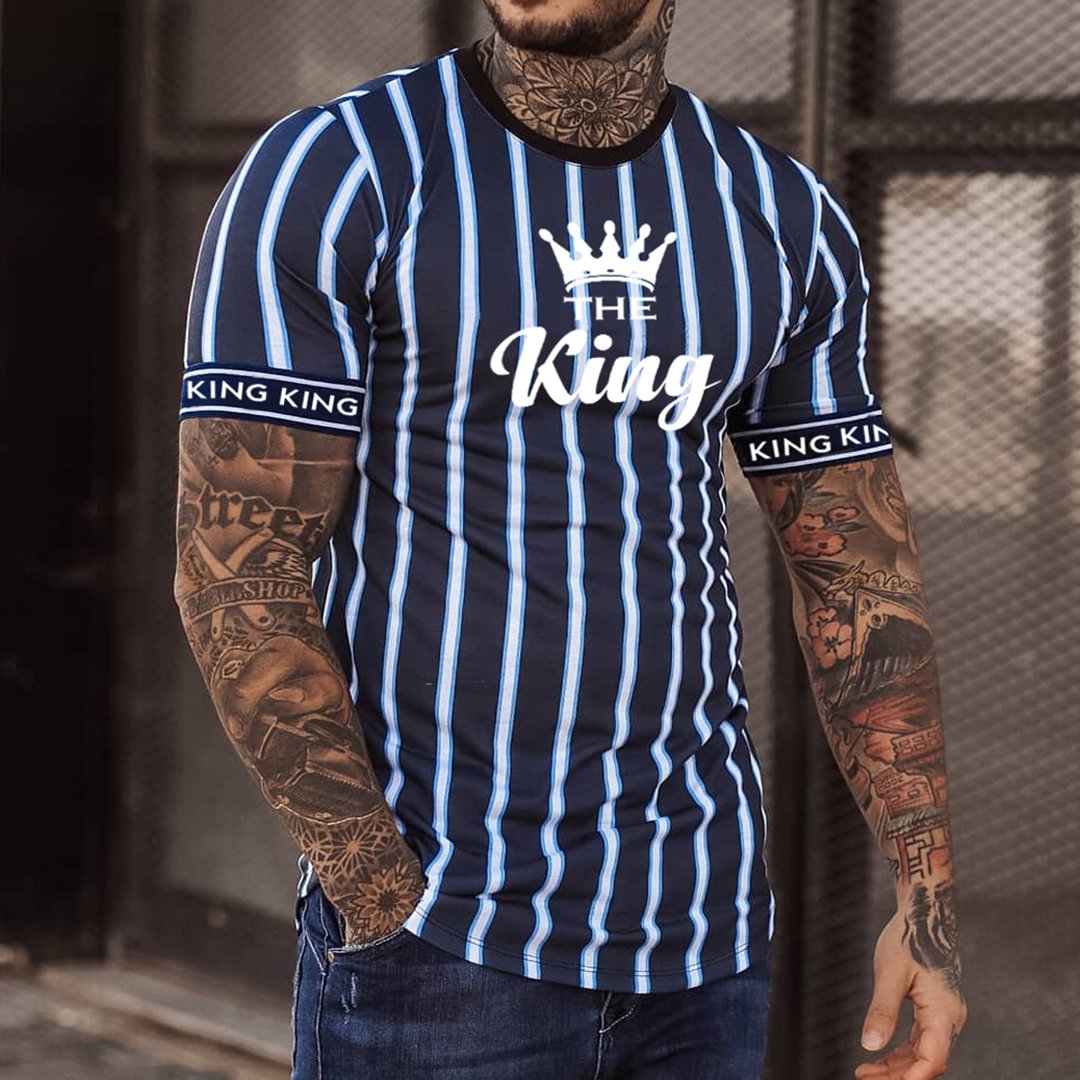 Men's Fashion The King Stripe Print Casual Slim Fit Short Sleeve T-Shirt