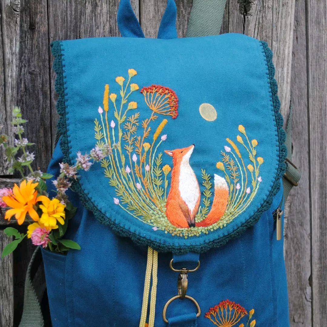 Embroidery Linen Backpack "Fox under the moon"