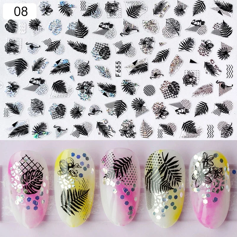 1pcs Black White Letter Stickers For Nails Flower Leaf Linear Transfer Decals Slider 3D Nail Art Decorations Wraps