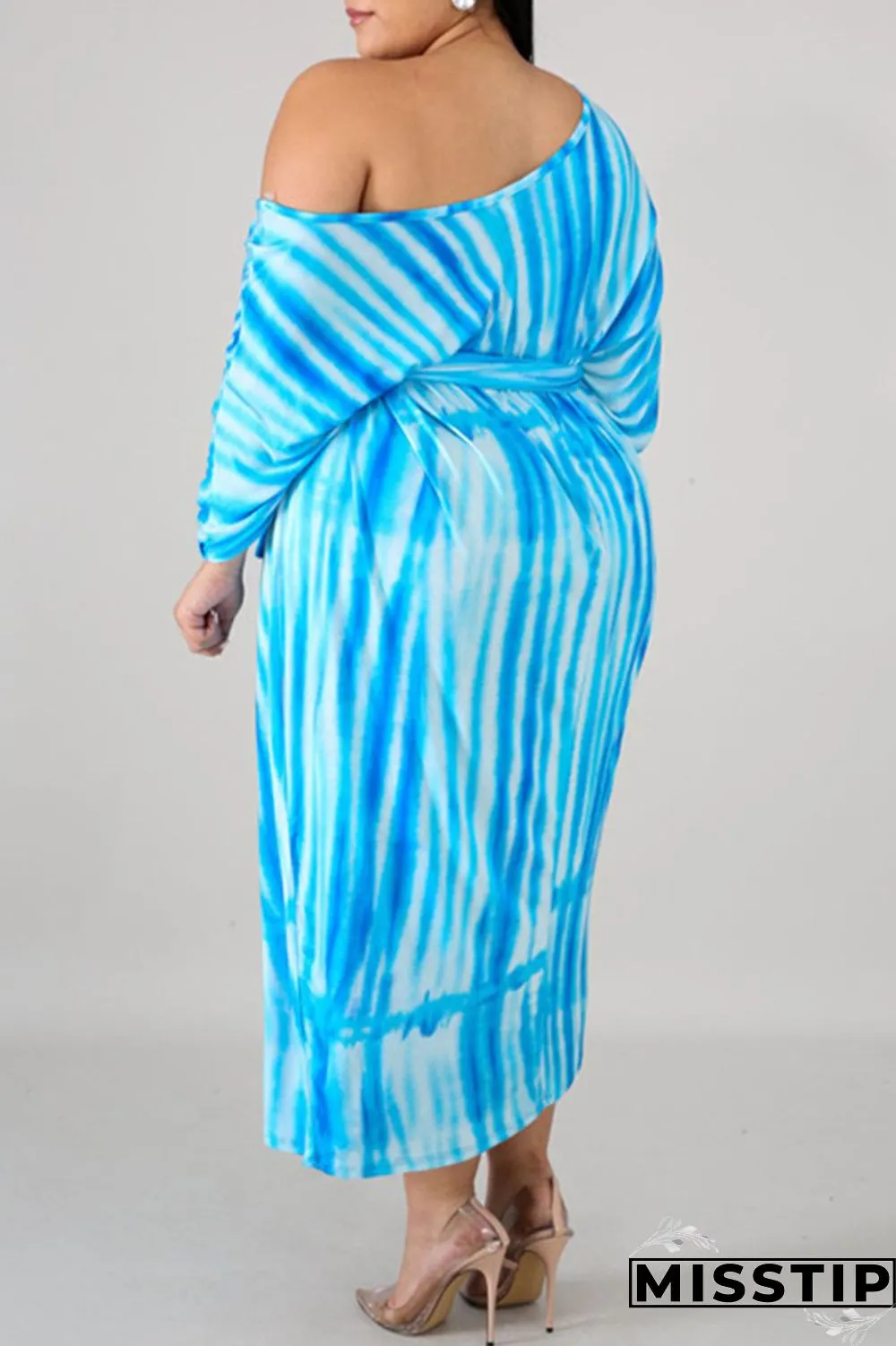 Sky Blue Casual Print Patchwork Off the Shoulder Straight Plus Size Dresses