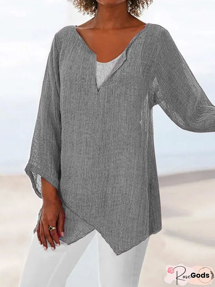 Women Plus Size Loose Linen V Neck Asymmetric Solid Summer Blouse Tunic Tops