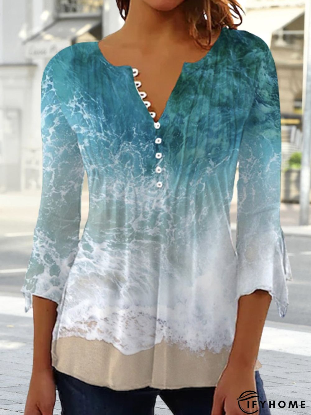 Buttoned Notched Random Print Casual tunic Top | IFYHOME
