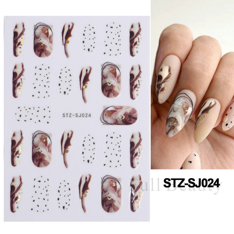 Bayoumowers Pink Marble 3D Nail Stickers Ink Blooming Geometry Lines Adhesive Sliders Watercolor Flower Leaves Nail Art Decals LASTZ-SJ031