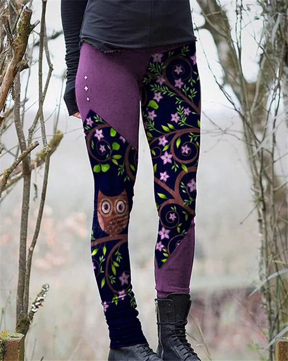 Casual owl print stretch pants