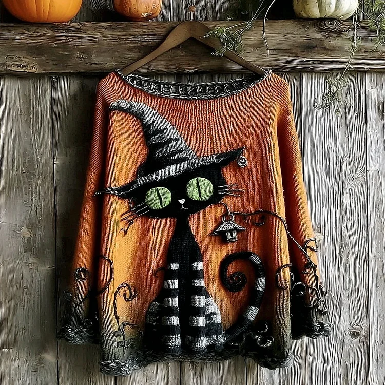 Halloween Black Cat Knitted Crew Neck Sweater