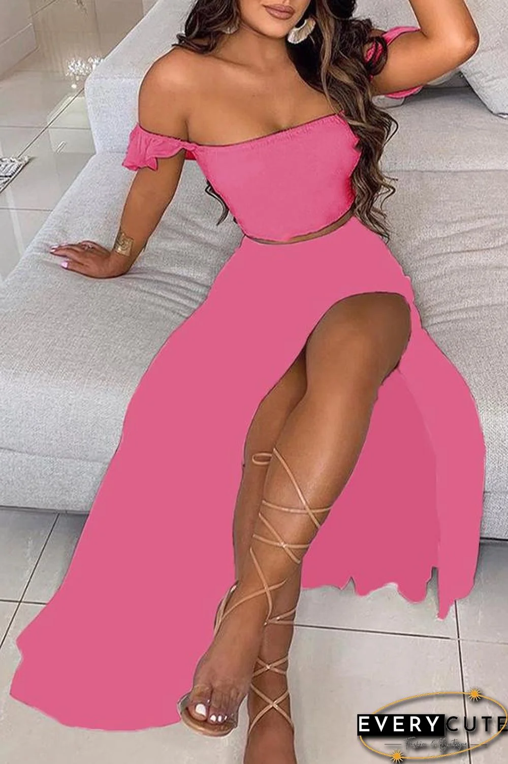 Off Shoulder Ombre Colorblock Top & High Slit Maxi Skirt Sets P13628