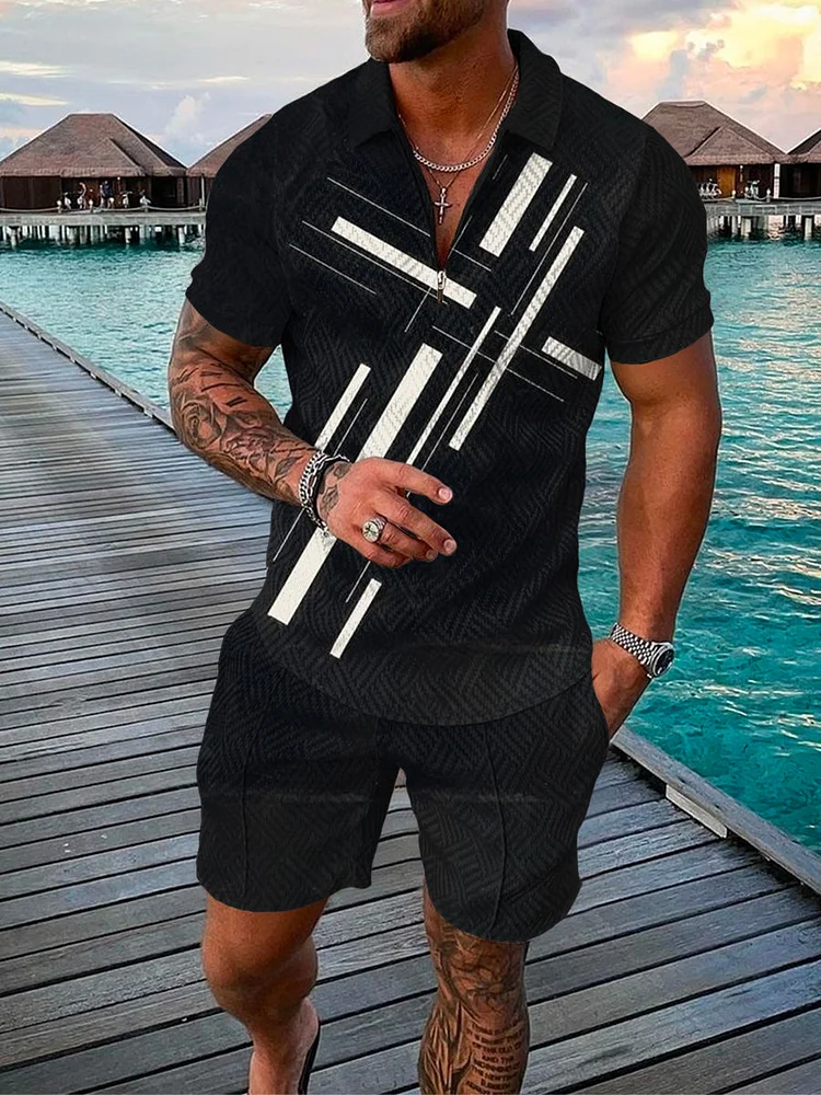 Men's Geometric Printed Black Polo Suit