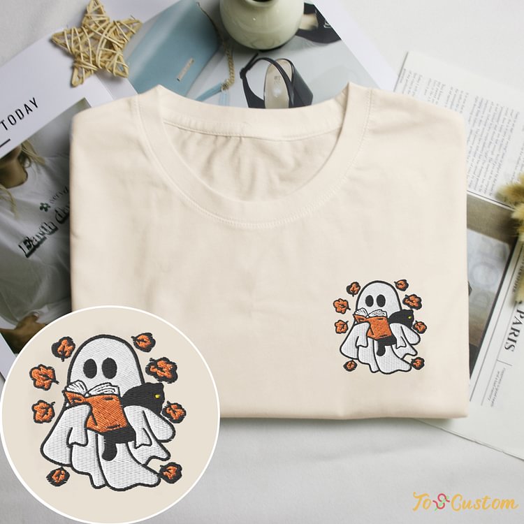 TOSCUSTOM™ Teacher Ghost Shirt Comfort Embroidery Ghost Reading Books Shirt