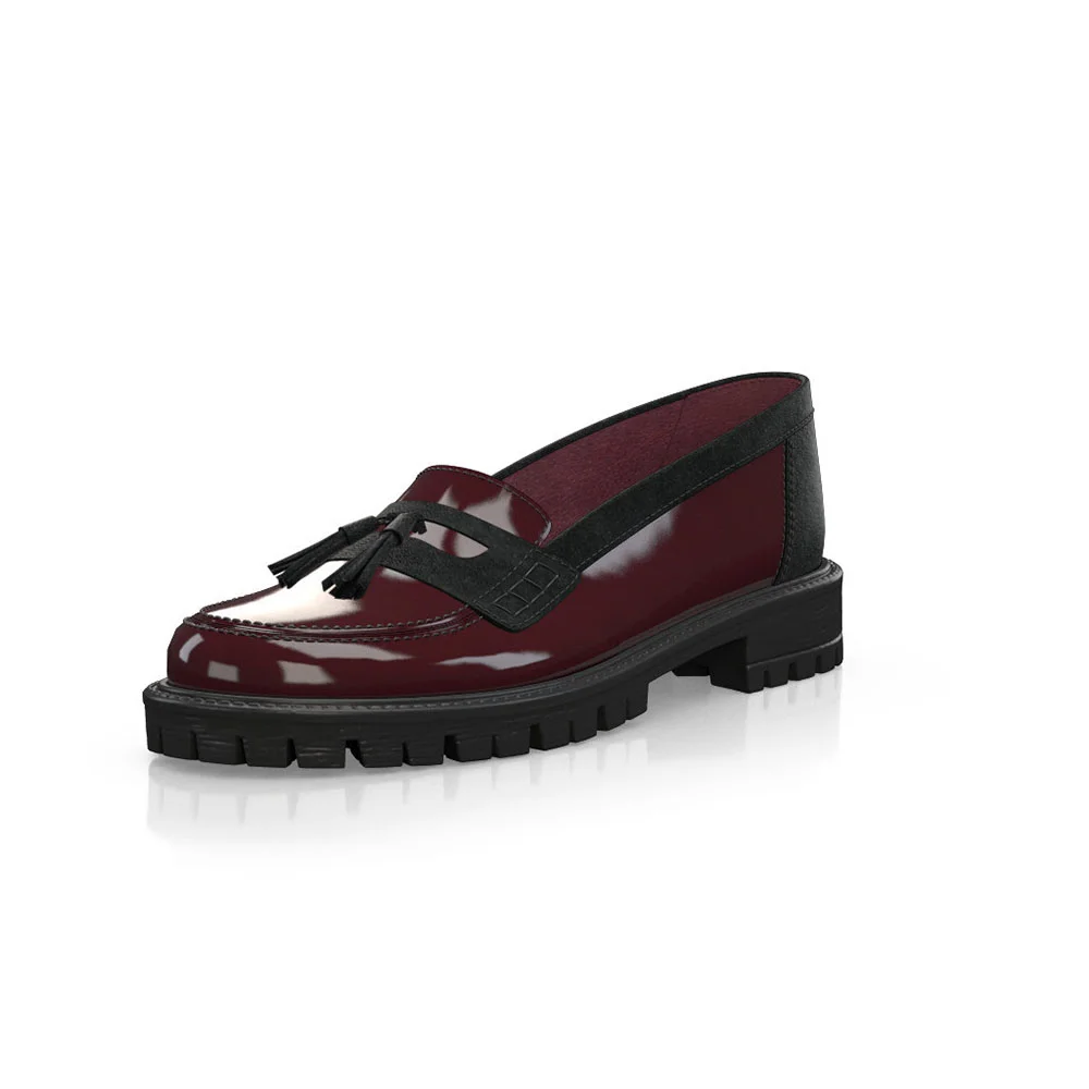 Maroon Patent Leather Round Leather Black Fringe Loafers With Chunky Heels Nicepairs