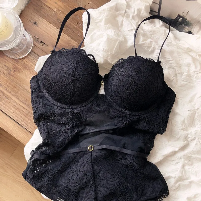 Sexy strappy design one-piece bra set see-through mesh steel ring gathered body shaping underwear embroidery lace lingerie