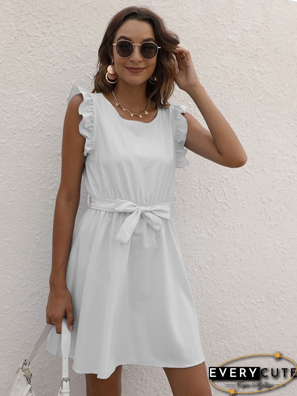 Summer Casual Dress Solid Color Round-neck Waist Ladies Skirt Temperament Commuter Office