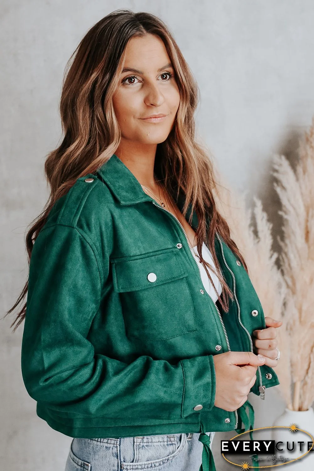 Green Faux Suede Button Down Cropped Jacket