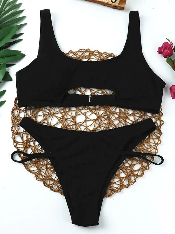 Solid Color Hollow Vest Style Split Bikini Swimsuit