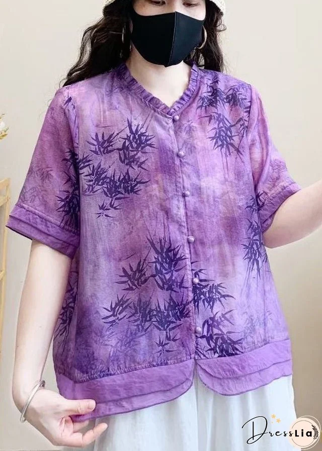 Organic Purple Print Patchwork Ruffled Linen Shirt Top Summer