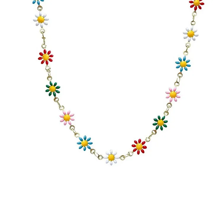 Colorful Flower Choker Necklace with Daisy Charms on a Gold Chain