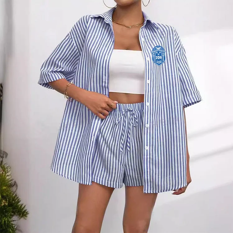 Striped Print Button-Down Shirt and Shorts Set