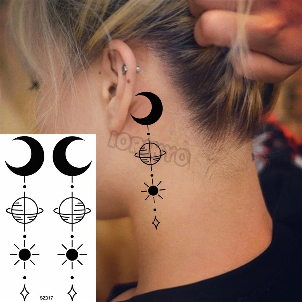 Black Rose Flower Temporary Tattoos For Women Girls Realistic Cosmic Moon Thorns Fake Tattoo Sticker Forearm Tatoos Legs Wedding