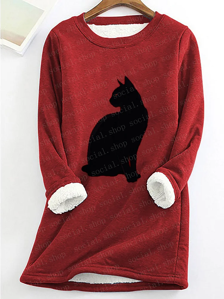 Women's Classy Black Cat Fleece Casual Sweatshirt socialshop