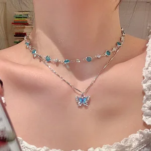 Double layer blue butterfly necklace