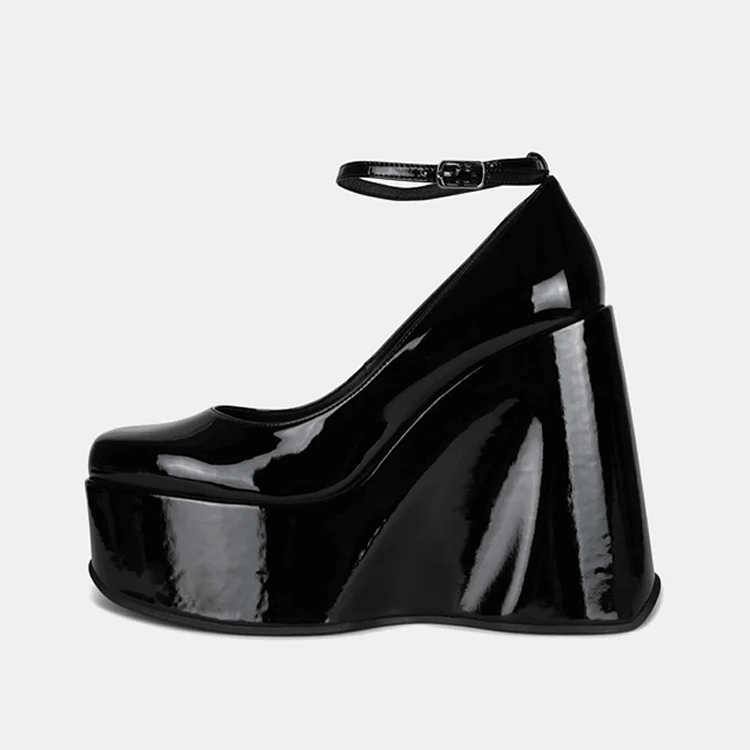 Black Patent Platform Heels Women's Ankle Strap Wedge Pumps |FSJ Shoes