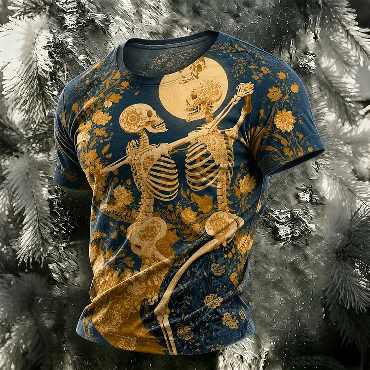 Men's Halloween Floral Skeleton Graphic Crew Neck Short Sleeve T-shirt