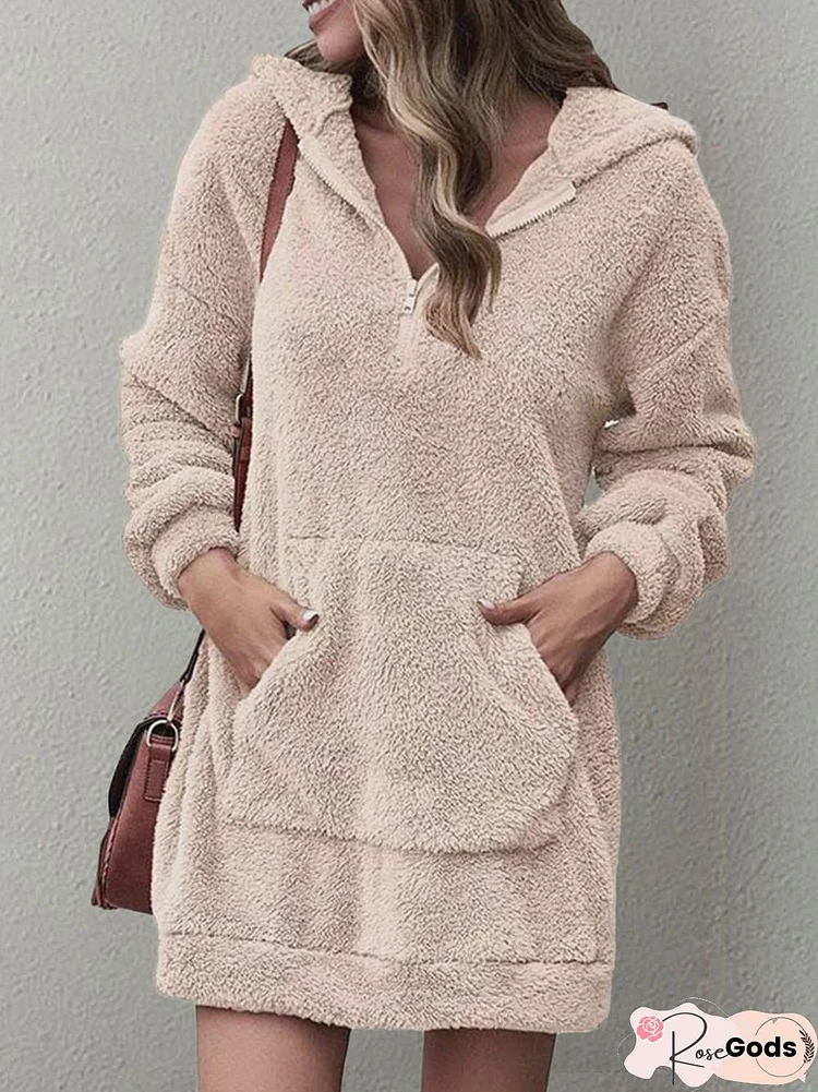 Hoodie Plain Loose Zipper Dresses