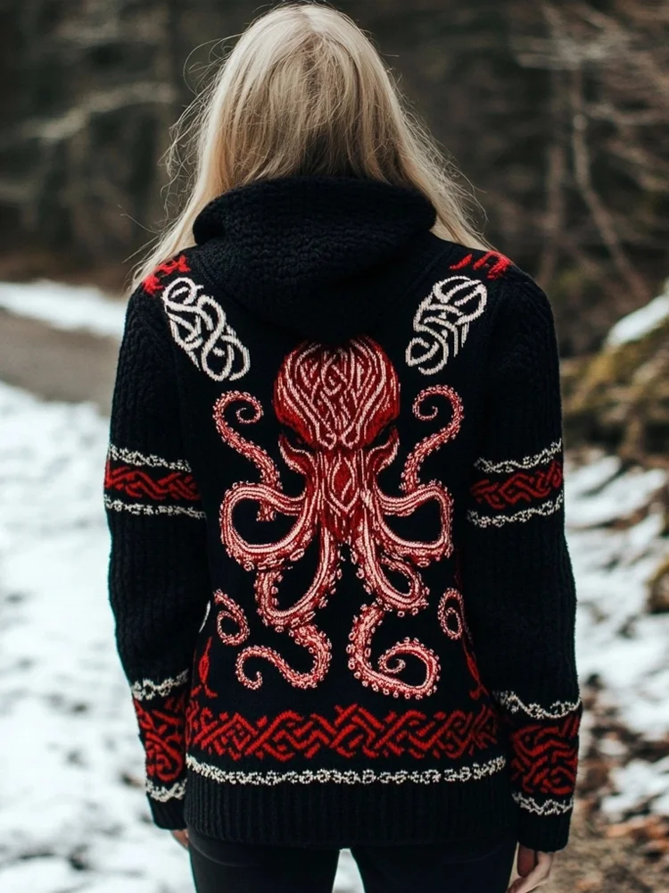 Cthulu Celtic Cozy Jacquard Chunky Hooded Cardigan
