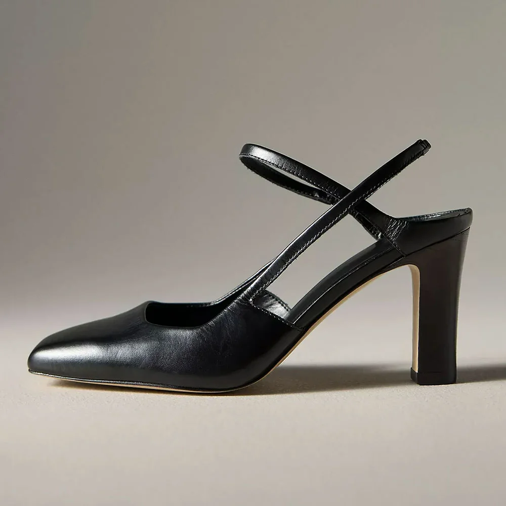 Elegant Square Toe Slingback Chunky High Heeled Black Pumps for Women