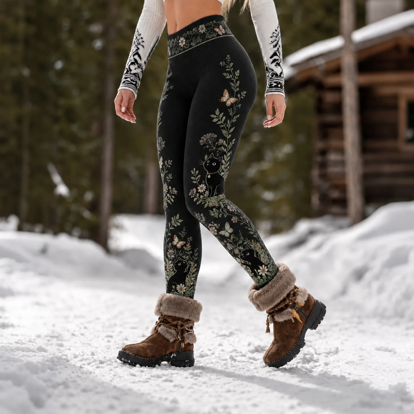 Comstylish Women's Plant Flower And Cat Print Trousers